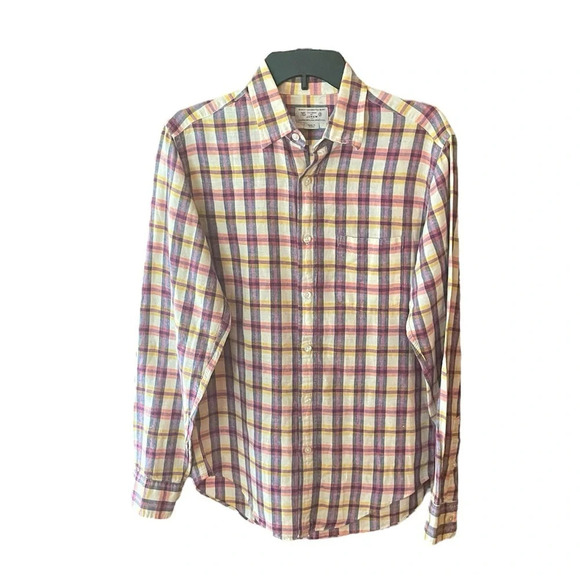 J.Crew Factory men’s linen blend long sleeve button down shirt SZ S multi plaid - Picture 1 of 8